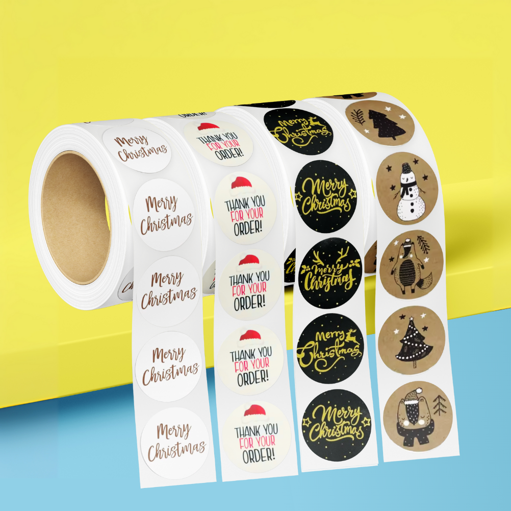 Roll of Christmas-themed stickers with various designs on a yellow and blue background