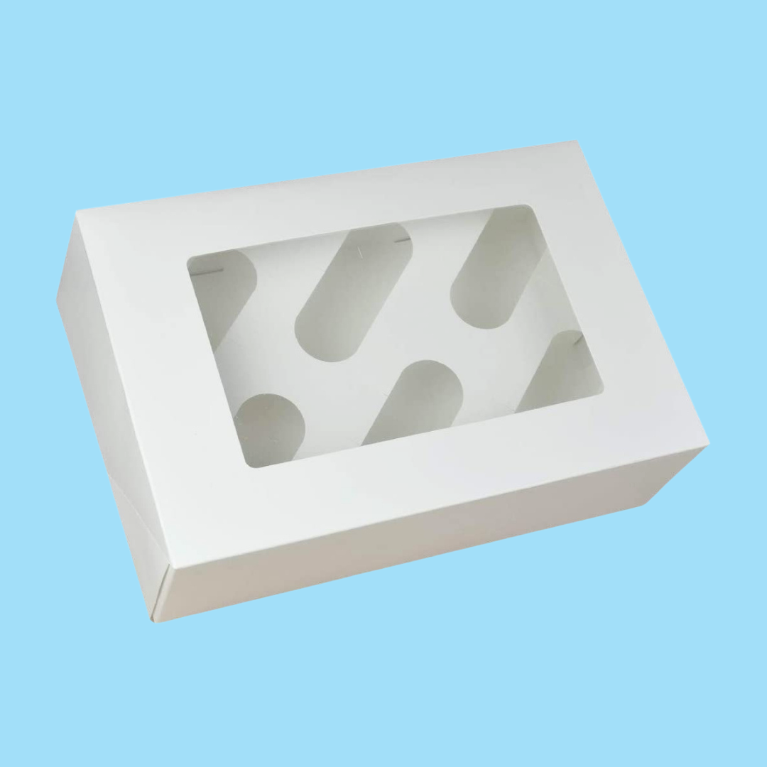 White Cupcake Boxes with Insert & PET Plastic Window (6 Hole)